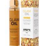 huile sèche pailletée corps et cheveux à base d'huile d'amande douce marque Exsens effet reflet doré pailleté flacon pompe en verre contenance 50ml